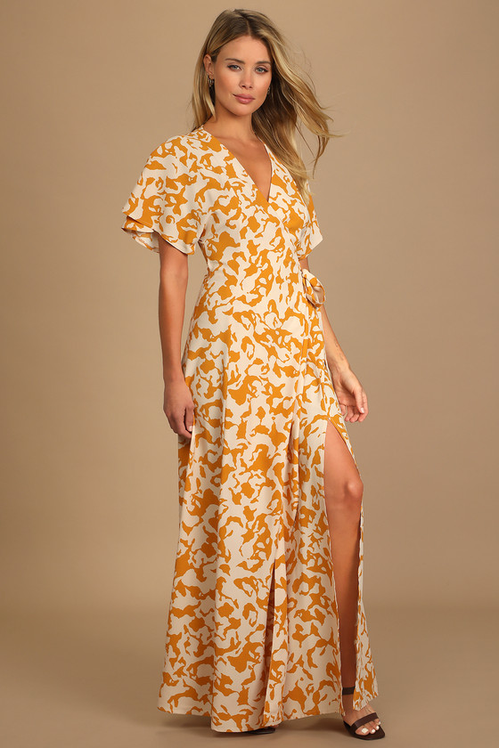 Mustard Wrap Dress - Wrap Maxi Dress - Flutter Sleeve Dress - Lulus